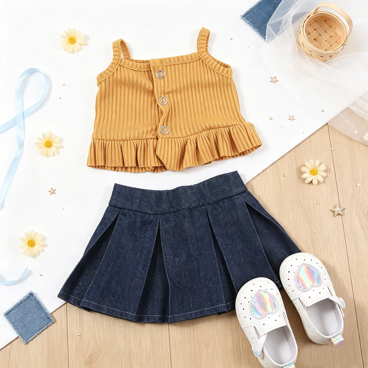 Doll Clothes Set Ribbed Cami Top Denim Pleated Skirt + Heart Shoes Outfit Fit 18 Inch American & OG Girl Dolls Toy Accessories