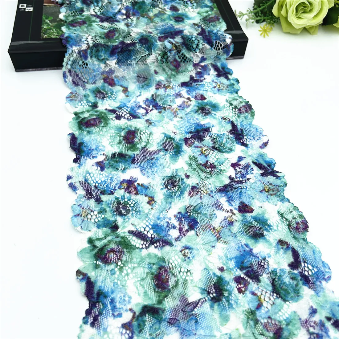 3y/lot Width18cm Blue Green Printed Elastic Stretch Lace Trim 5