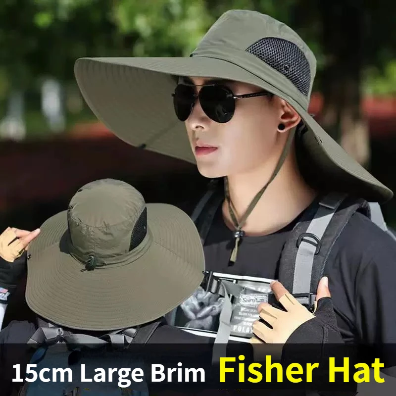 Sun hats 15cm Large Cap Polyester Sun Hat UV Protection Breathable Mesh Cap Foldable Fisher Hat Outdoor Fishing Hiking Beach Caps