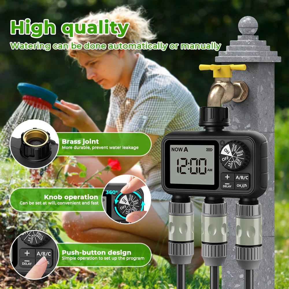 2025th Newest Eshico HCT-M08 3-Outlet Water Timer Automatic/ Manual/ Rain Delay Sprinkler 3P Watering System 3 Zone Garden Tool 3