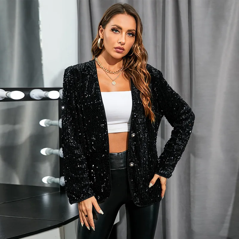 Fall Clothes Women's Jackets Black Color Coat Bead Sequins Slim Elegant Blazers for Ladies Women Sequin Blazer |