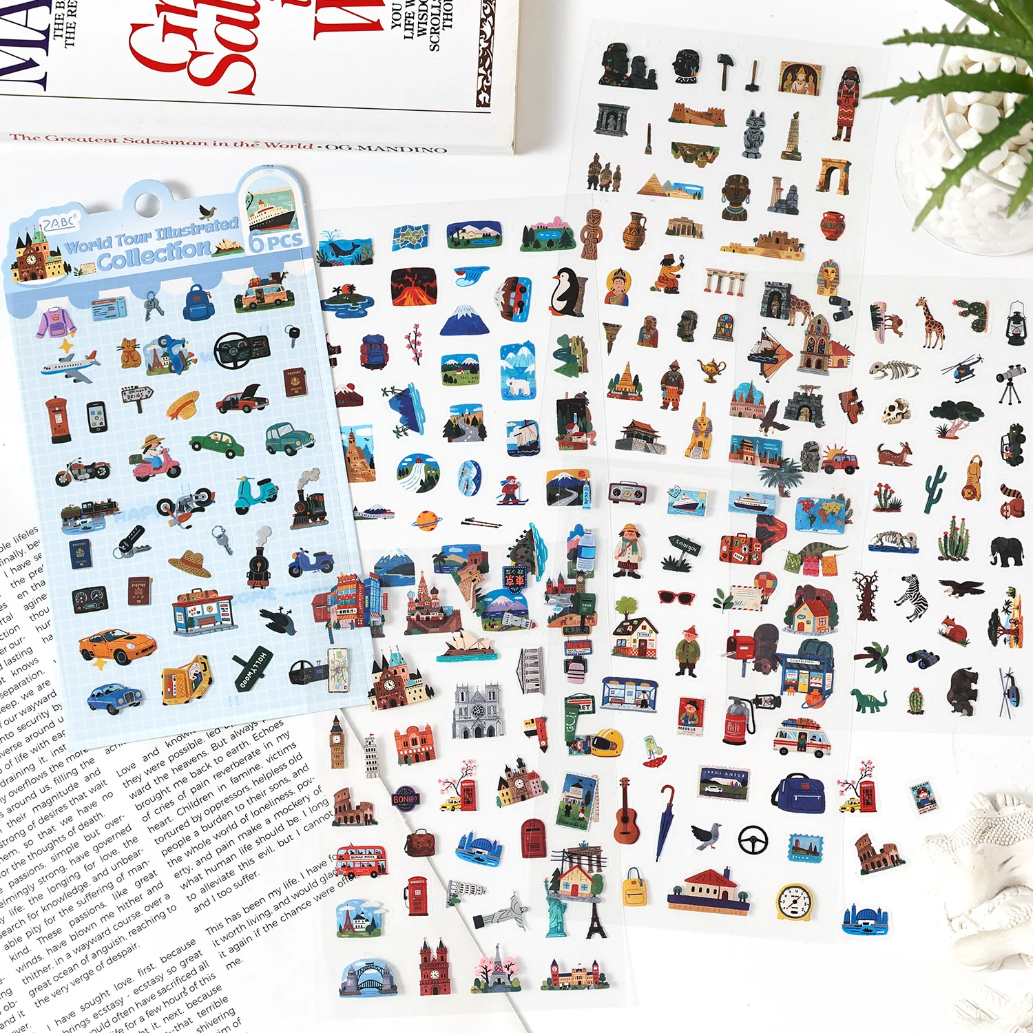 6개입 방수 PET 세계 여행 스티커 유명 랜드마크 장 저널 스크랩북킹