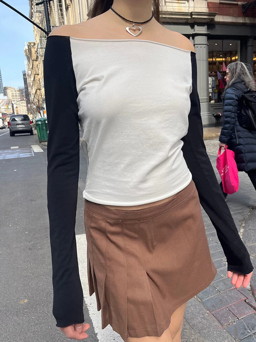 

Women Casual Long Sleeve Tops Basic Off Shoulder Contrast Color Slim Fitted Blouse