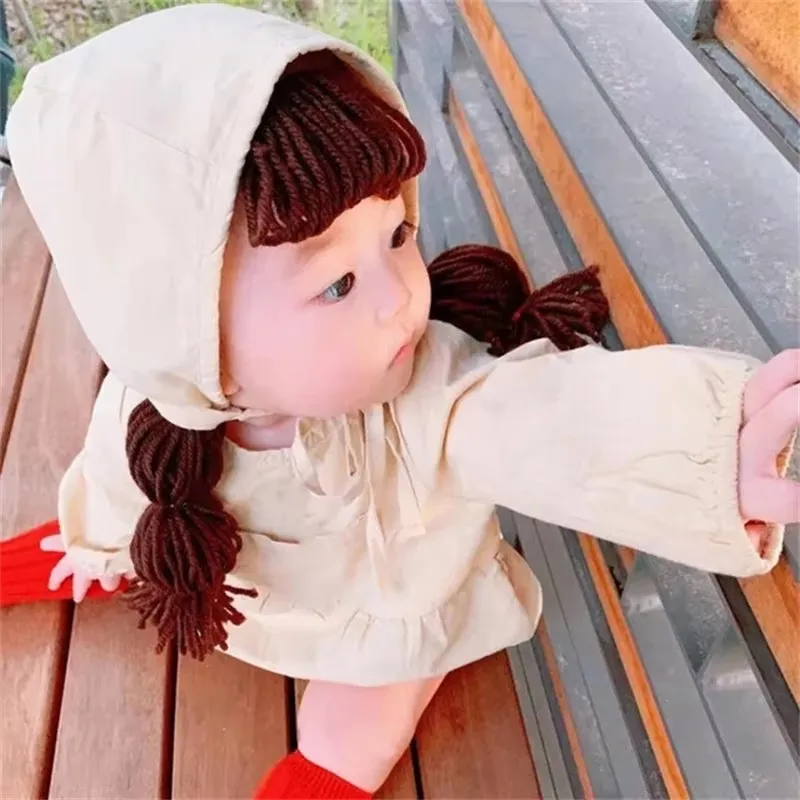 Baby Sun Hat Kids Bonnet Cap Palace Style Cosplay Autumn Infant Baby Girl Princess Hat Khaki Hair Braid Wig Cap Headbands Children Kids Girls