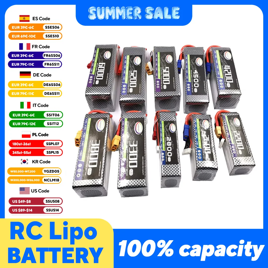 Batterie LiPo RC 2S-5S 4200-5000mAh 25-40C XT60 pour Drone Voiture