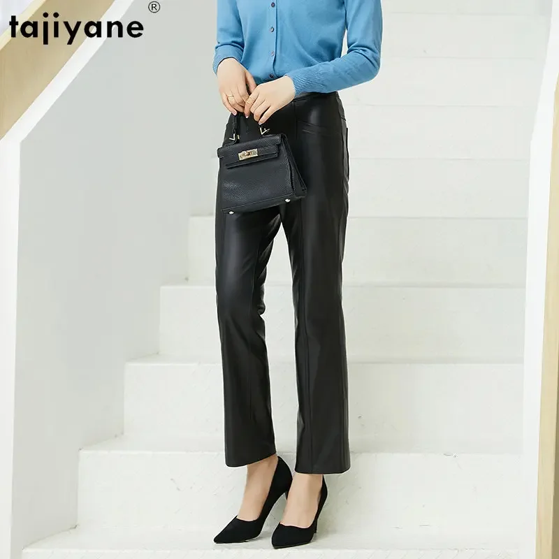 

Tajiyane New High Waist Leather Pants Women Elegant Sheepskin Straight Pants for Women Korean Fashion Black Pants Women Trousers