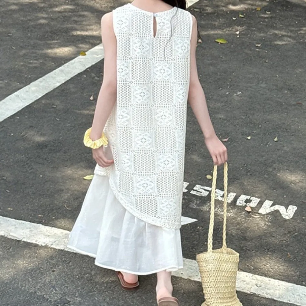 Round Neck Kids Bohemian Shell Dress Princess Hollow Children Beach Long Skirt Sleeveless Casual Girls Patchwork Dress Seaside