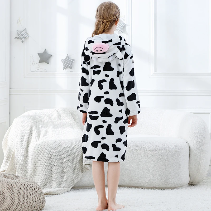 Winter Children's Flannel Bathrobes Girls Sleepwear Robe Baby Cow Robe Boys Pajamas Comfort Kids Cartoon Homewear 3-13 Years