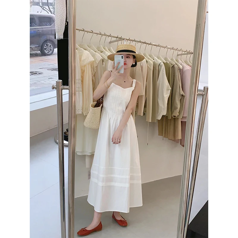 

2023 Summer New Korean White Vintage Dress Waistband Suspended Mid-Calf Women Dress Vestidos De Mujer Invierno 2023