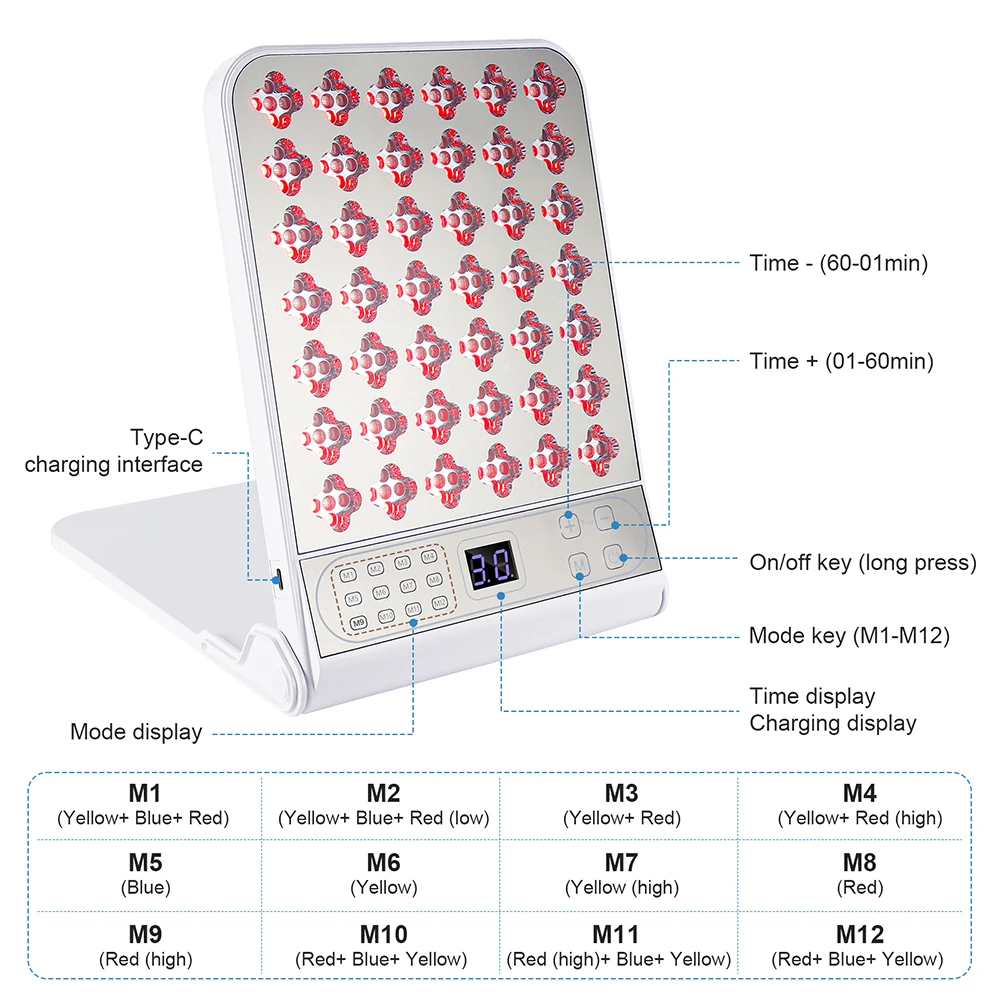 LED 4 Colors Light Therapy Panel Strong Pulse Lamp For Facial Anti Aging Skin Care 12 Gears Beauty Instrument
