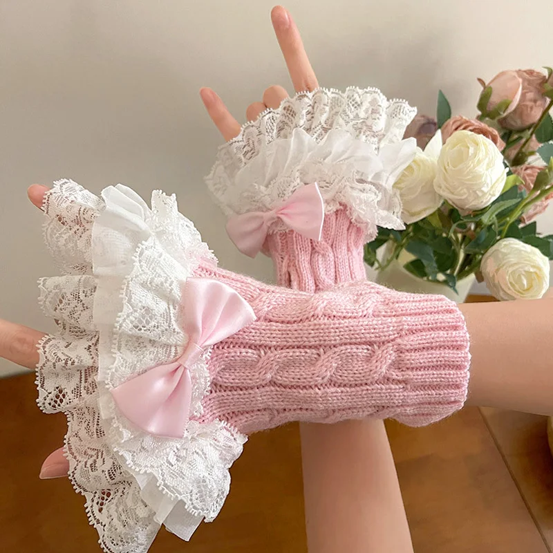 

Lolita Knitted Gloves Fingerless False Sleeve Clothing Accessories Lace Bowknot Y2k Sweet Knitted Fried Dough Twists Hand Sleeve