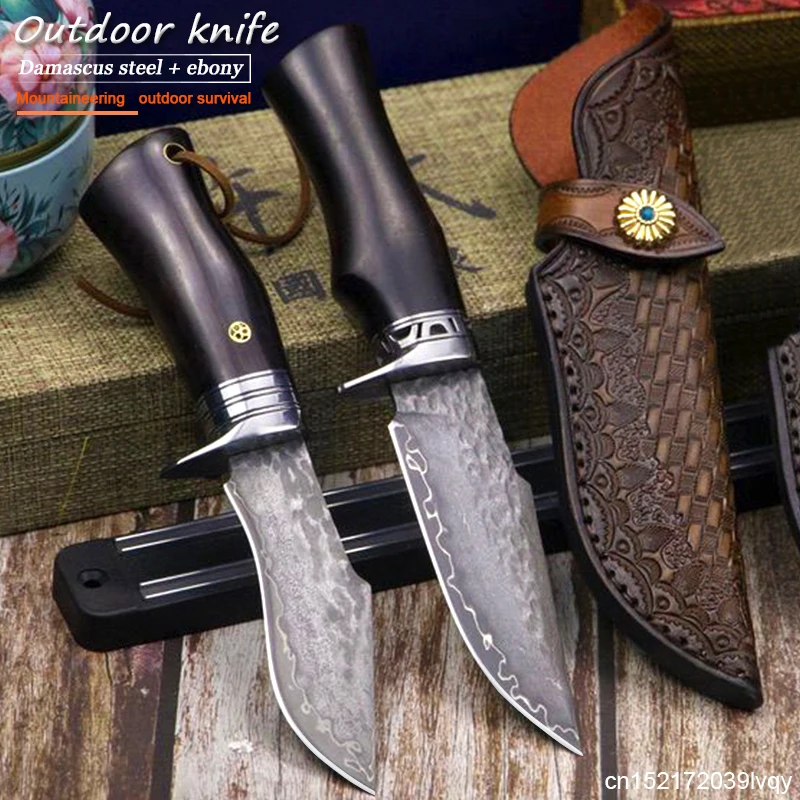 

Japanese wilderness survival tactics straight knife high hardness Damascus steel car camping self-defense knife hunting knife