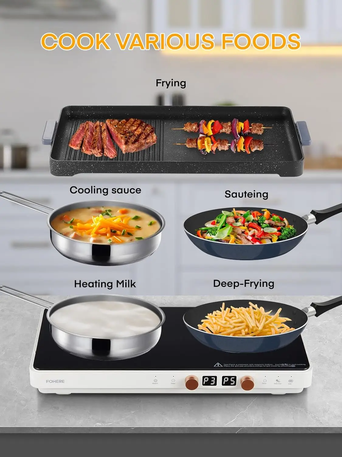 Cooktop 2 Burners, Double Induction Hot Plate with Removable Iron Cast Griddle Pan Non-stick, Independent Temperature Control,To 6