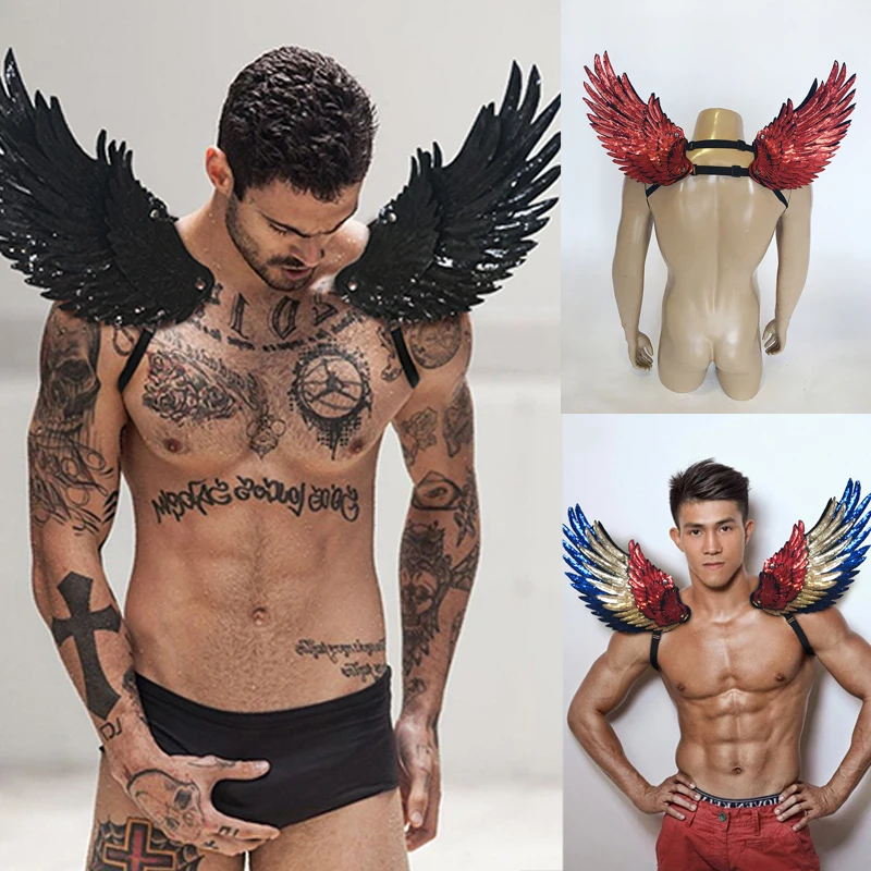 

Gold Sequins 3D Wings Nightclub DJ Male Stage Catwalk Gogo Performance Accessories Men Fluorescent Color Shoulder Ornament 2490