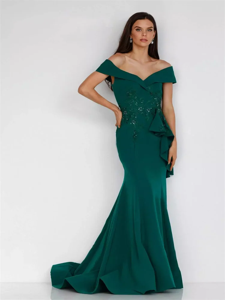

New Product Off-Shoulder Neck Stretch Crepe Mermaid Mother Of The Bride Dress Elegant midriff of embroidery Party Gown For Women