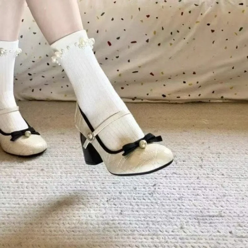 2025 Spring and Summer French Thick Heel Mary Jane Shoes Women's Spring Light Mouth High Heels Bow Single Shoes