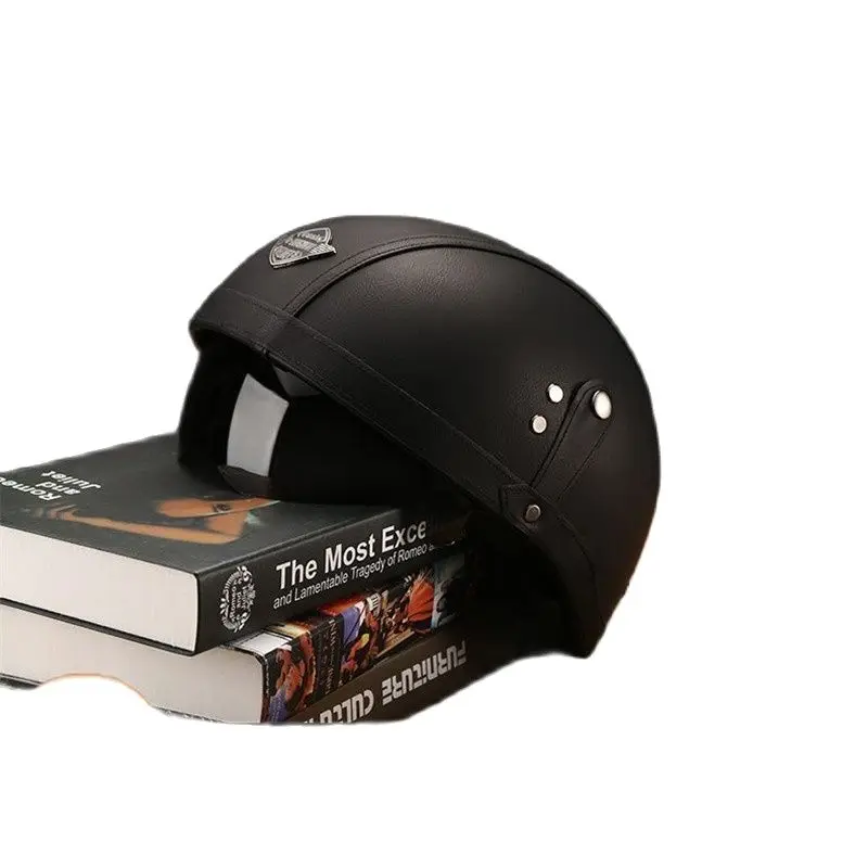 

Black Leather Retro Motorcycle Helmet Moto Helmet Scooter Vintage Half Face Biker Motorbike Crash Moto Helmet Casco Moto CE