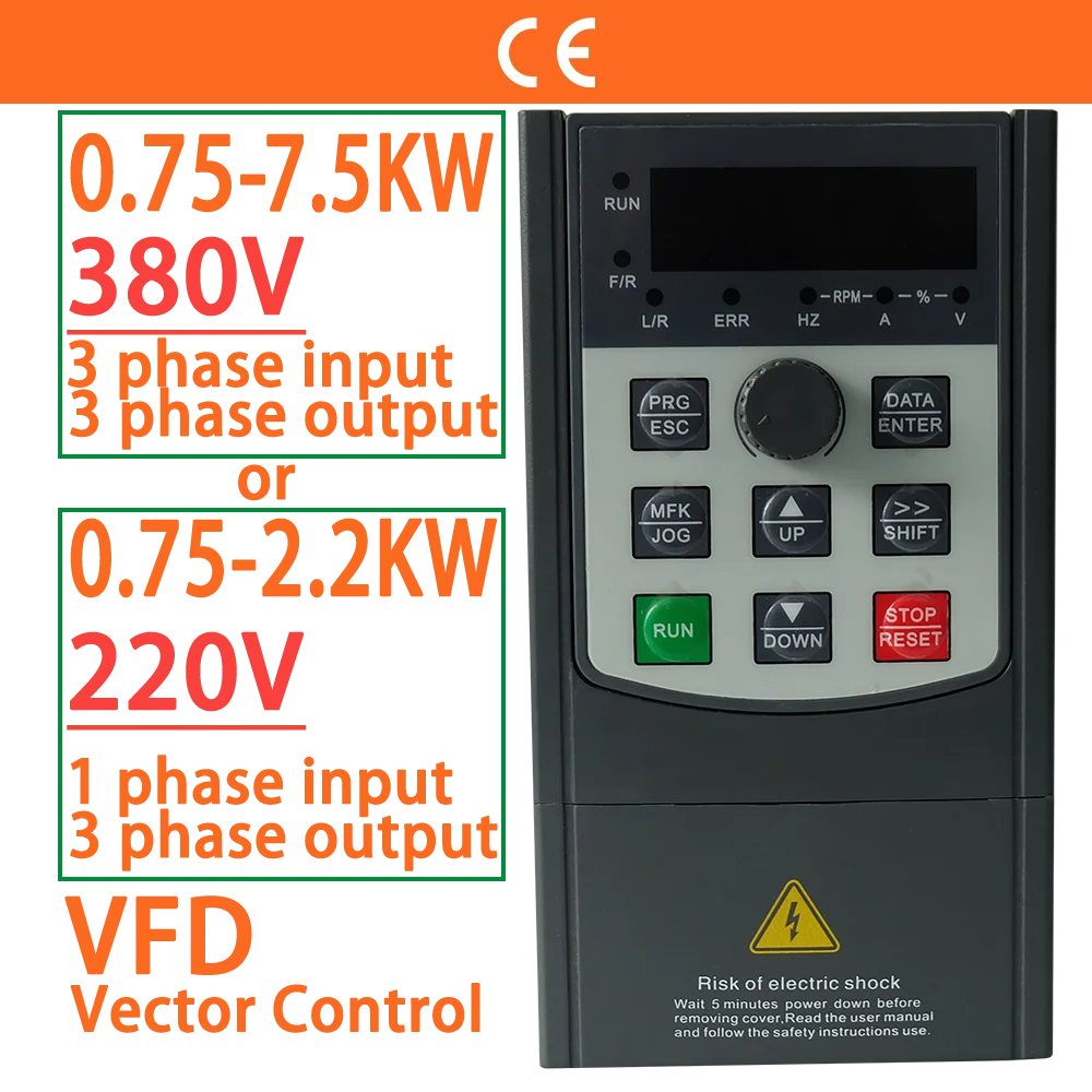 

380V or 220V Vector Control VFD Variable Frequency Drive Converter Inverter 0.75/1.5/2.2/3.7/4/5.5/7.5 KW Motor Speed Controller