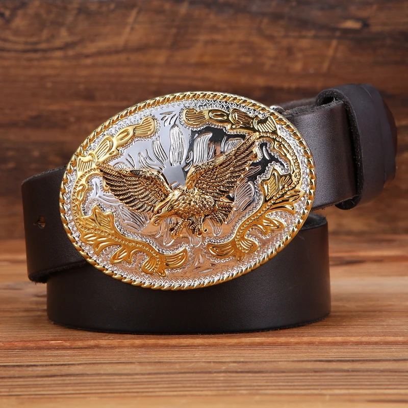 gold eagle big buckle full grain real leather 100% genuine leather hawk mens belts luxury high quality camel brown cowboys women