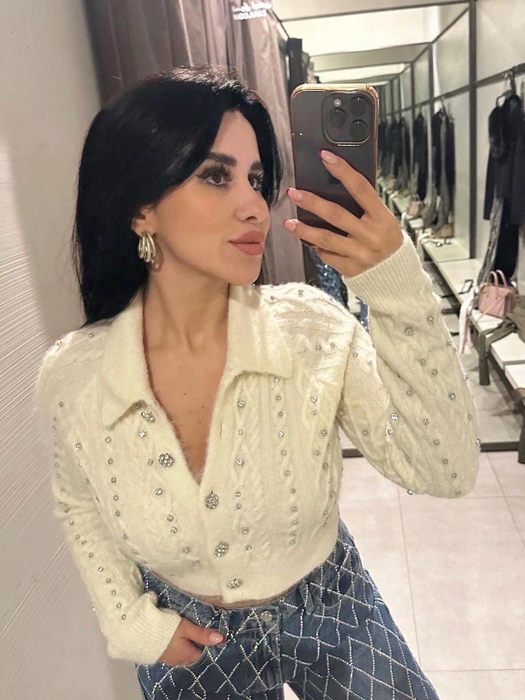 

2024 Woman Beading Knitted Sweater Cardigan Vintage Single Breasted Lapel Long Sleeve Slim Cropped Coat Autumn Casual Crop Tops