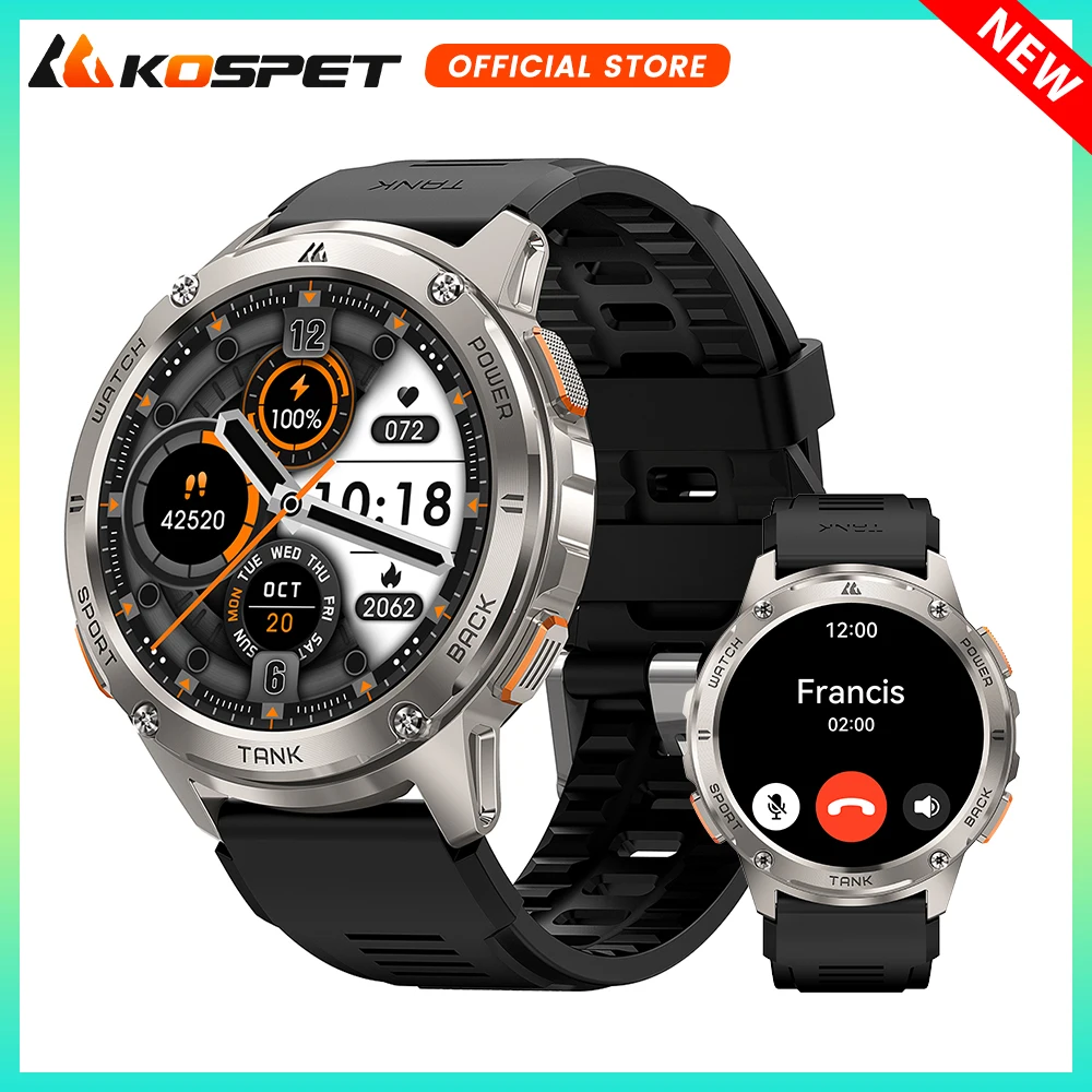 2024 KOSPET TANK T3 Smart Watch For Men 500mAh Battery Smartwatch Women Digital Fitness Watches AMOLED AI Voice AOD Bluetooth