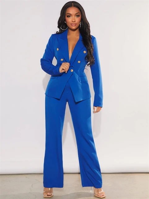 Formal Women Suit Set Blazer+Pants 2 Pcs Royal Blue Office Lady