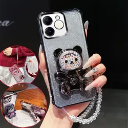Shockproof Phone Case with Cute Bear Stand and Crystal Chain Lanyard - Glitter Design for Realme Note 70 4G (Black)