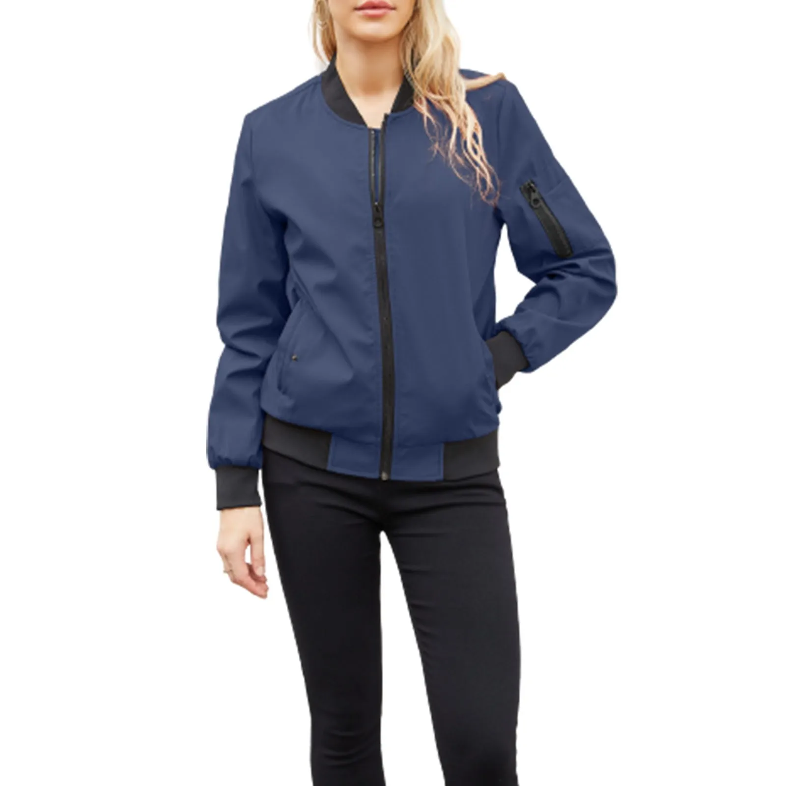 

Women's Spring And Autumn Solid Color Thin Flight Jacket Casual Long Sleeved Zipper Loose Version Stand Hoodie Jacket for Women