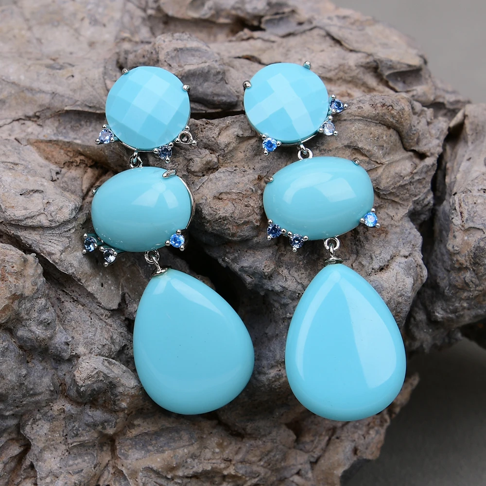 G-G Water Drop Blue Turquoise Dangle Cz Zircon Beads Party Studs Earrings Gold Plated Stone Earrings Gifts For Women