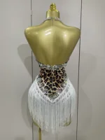 2025 New Sexy Sparkly Rhinestones Leopard Print Tassel Bodysuit Women Evening Party Birthday Nightclub Performance Stage Costume - Image 3