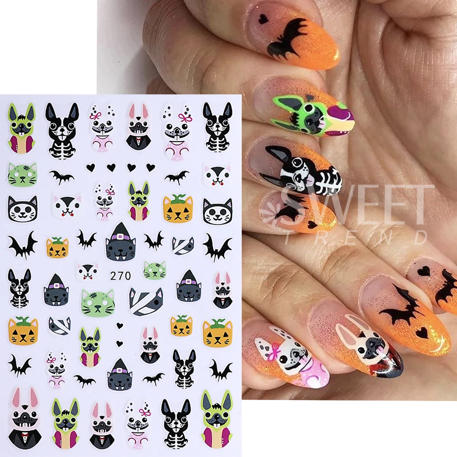 5pcs Halloween Pumpkin Nail Stickers Self Adhesive Cute Cartoon Ghost Spider Cat Design Nail Decals Silder Manicure Decoration