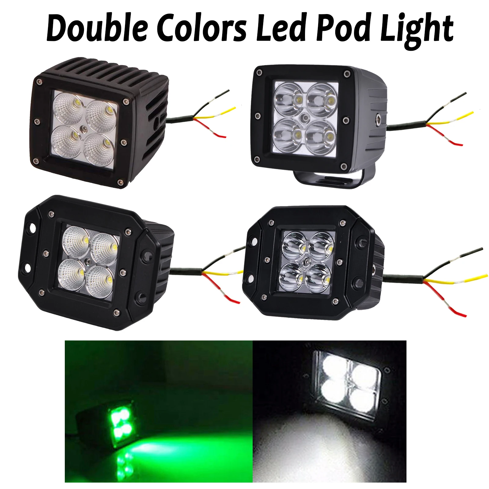 

3 Inch 24W LED Work Light White/Green Dual Colors Cube Pod Spot/Flood Beam Fog Lamp 12V 24V Waterproof for Car Truck ATV SUV 4X4