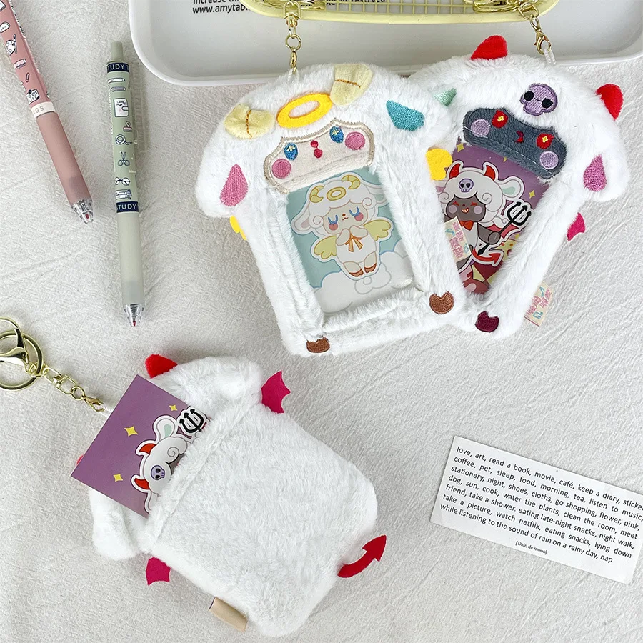 Animal plush card sleeve cute angel devil lamb ID card bag photo show couple pendant 5