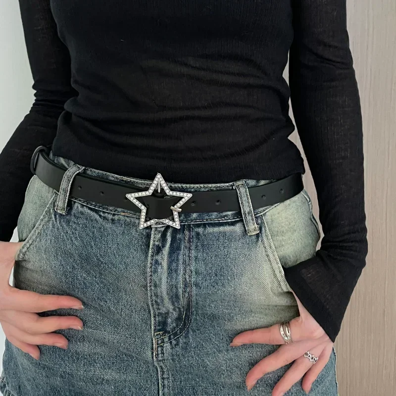 Y2K Star Buckle Belt Pink Leather Elastic Binding