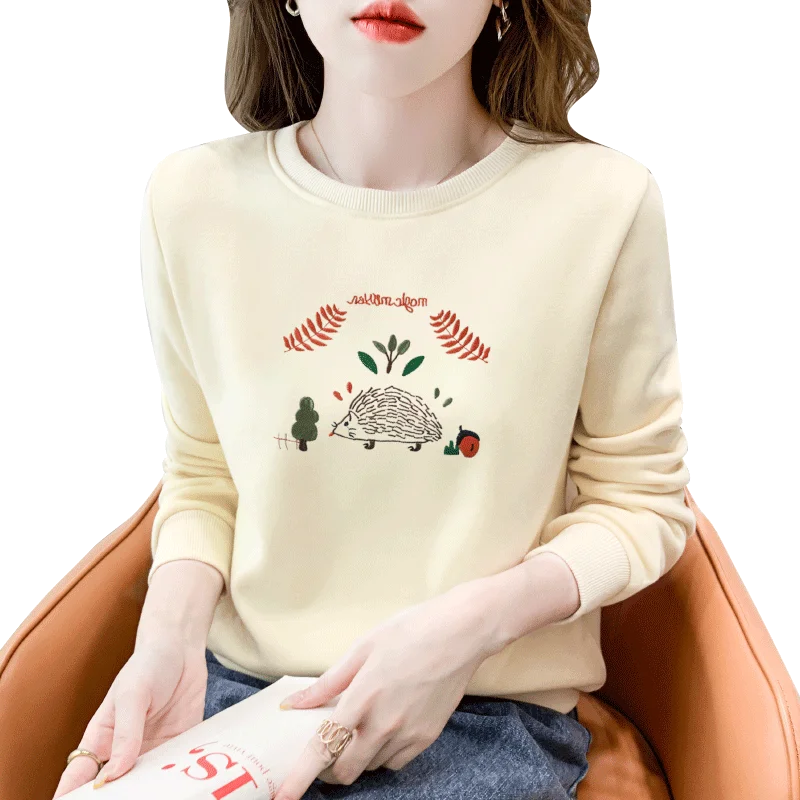 

New Autumn Winter Women Loose Pullover Sweatshirt High Quality Cute Hedgehog Embroidery Thicken Fleece Sweatshirt