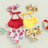 0-3Y Summer Baby Swimwear Girls 3 Piece Halter Bikini Set Strawberry Print Tassel Bathing Suits Toddler Swimsuits Kids Beachwear 1