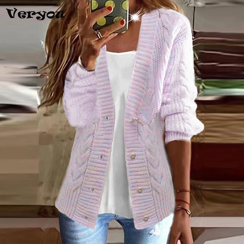 

Knitted Cardigan Women Sweater Coat V-Neck Long Sleeve Single Breasted Loose Slim Tops 2023 Autumn Sweet White Pink Warm Sweater