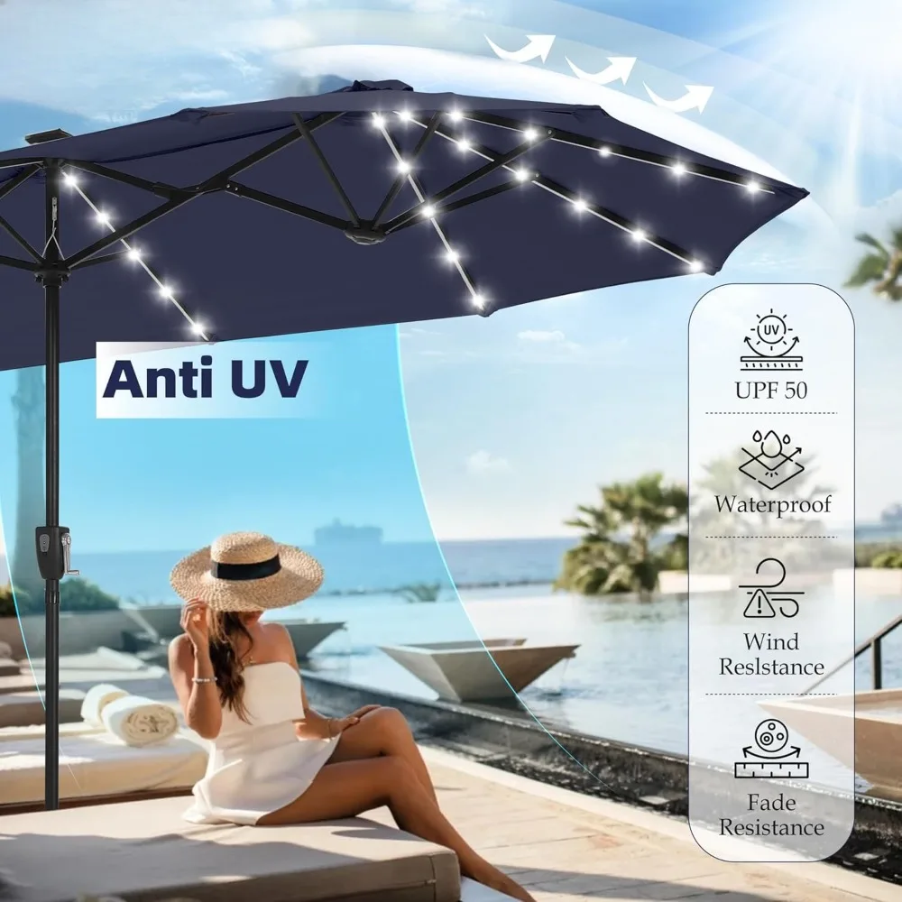 13FT Double-Sided Patio Umbrella with Solar Lights, Outdoor Table Rectangular Umbrellas with 120 LED Lights, Hand Crankf or Lawn 4