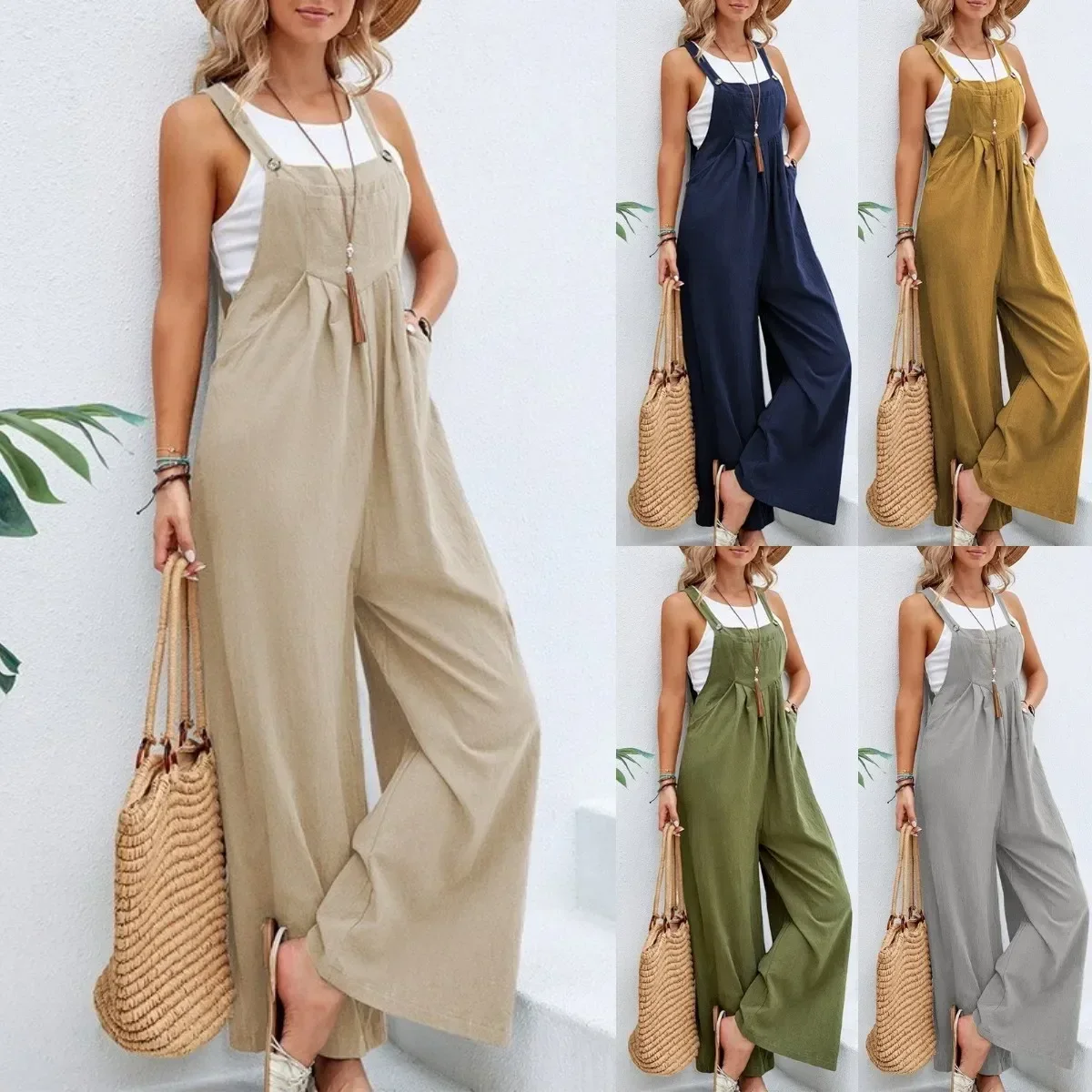 

Vintage Cotton Linen Jumpsuit Women 2024 Casual Solid Button Wide Leg Suspender Pants with Pockets Summer Loose Overalls Rompers