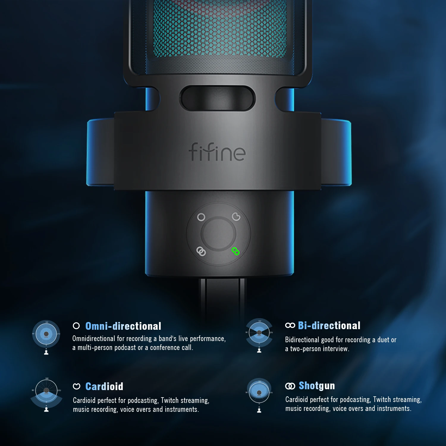 FIFINE Ampligame A8 PLUS USB MIC with Contrallable RGB,3 Capsules 4 Polar Patterns,Gain Dials,a Live Mic jack&a mute touch