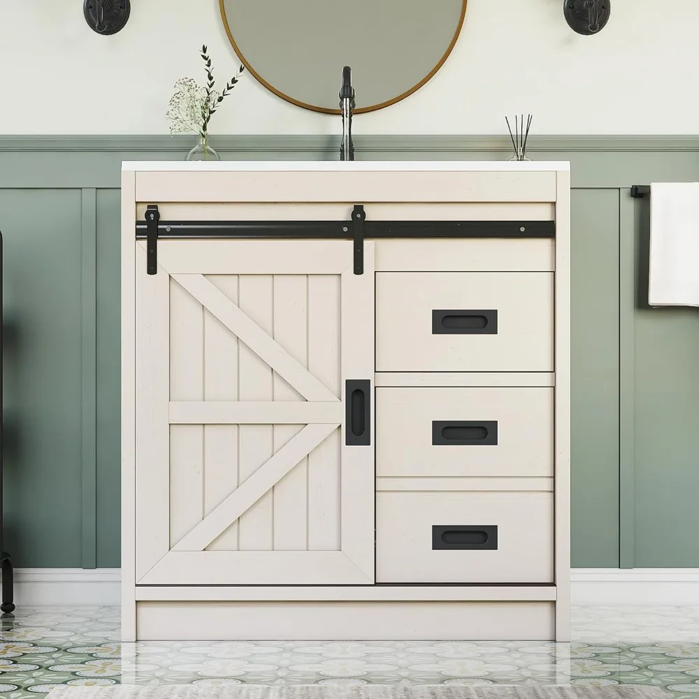 31" Farmhouse Sliding Barn Door Bathroom Vanity with Sink Combo Bathroom Vanity Cabinet with Drawers Distressed White 3