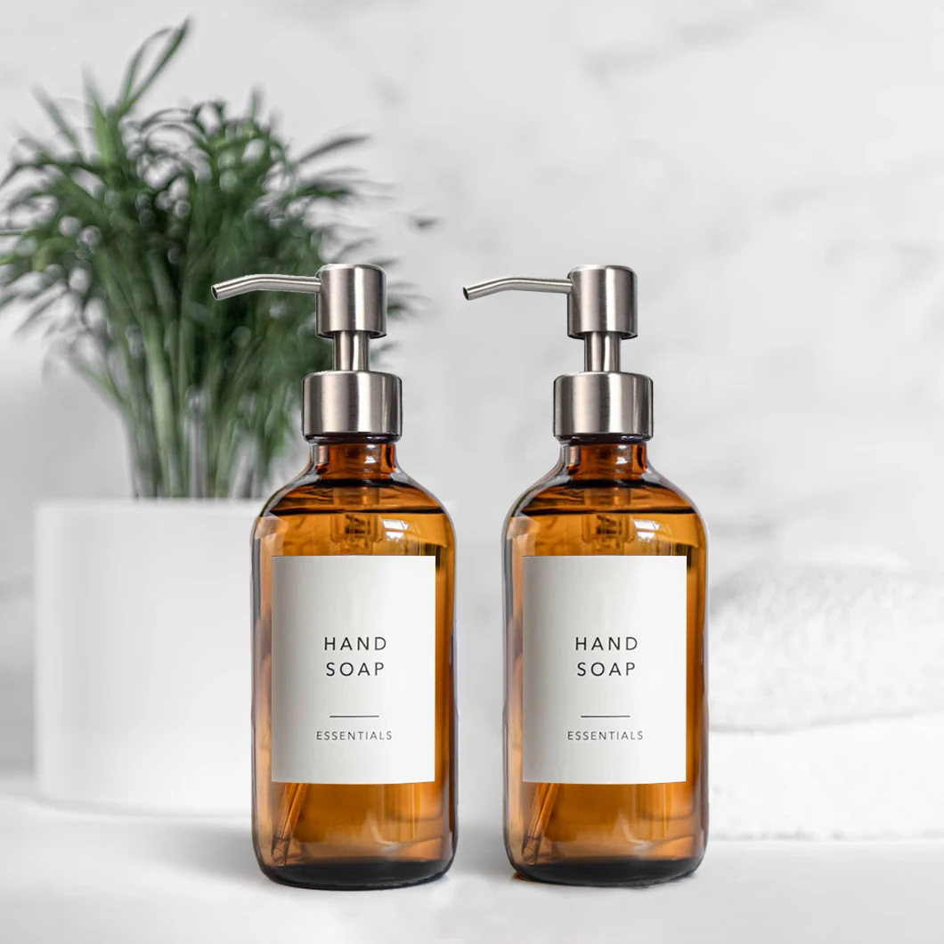 Pump Bottle Dispenser for Liquid Soap, Bathroom Hand Soap Dispenser, Amber Glass Soap and Lotion Dispenser Set, 2pcs 8Oz 250ml 3