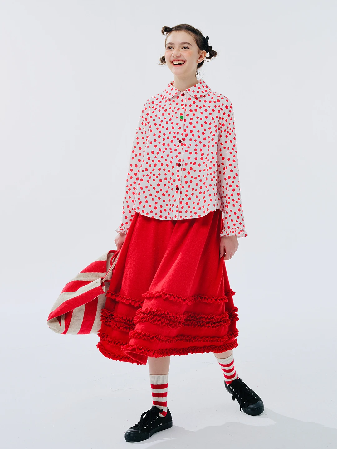 imakokoni 2024 original pure cotton polka dot round neck spring shirt for women 244470