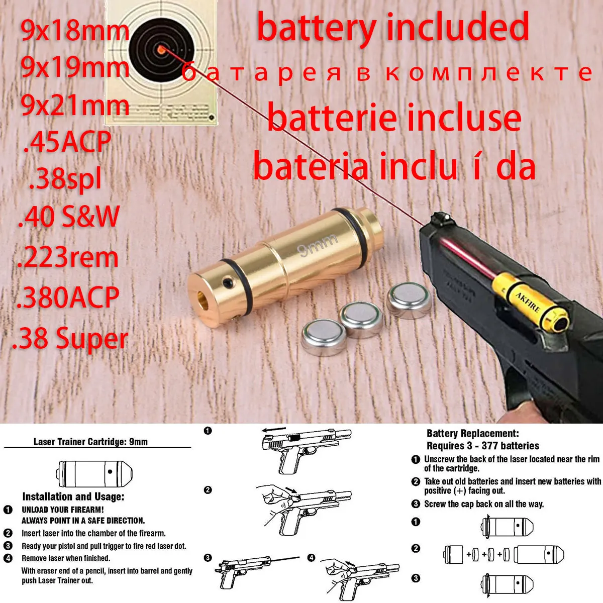 Snap Caps .223 .380 .45ACP .38 .40 9mm Pistol Rifle Training Laser