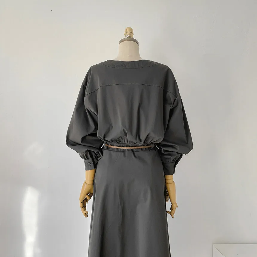 Korean Fashion V-neck Midi Dresses for Women with Belt Long Sleeve A-line Office Lady Autumn New Elegant Solid Female Clothing