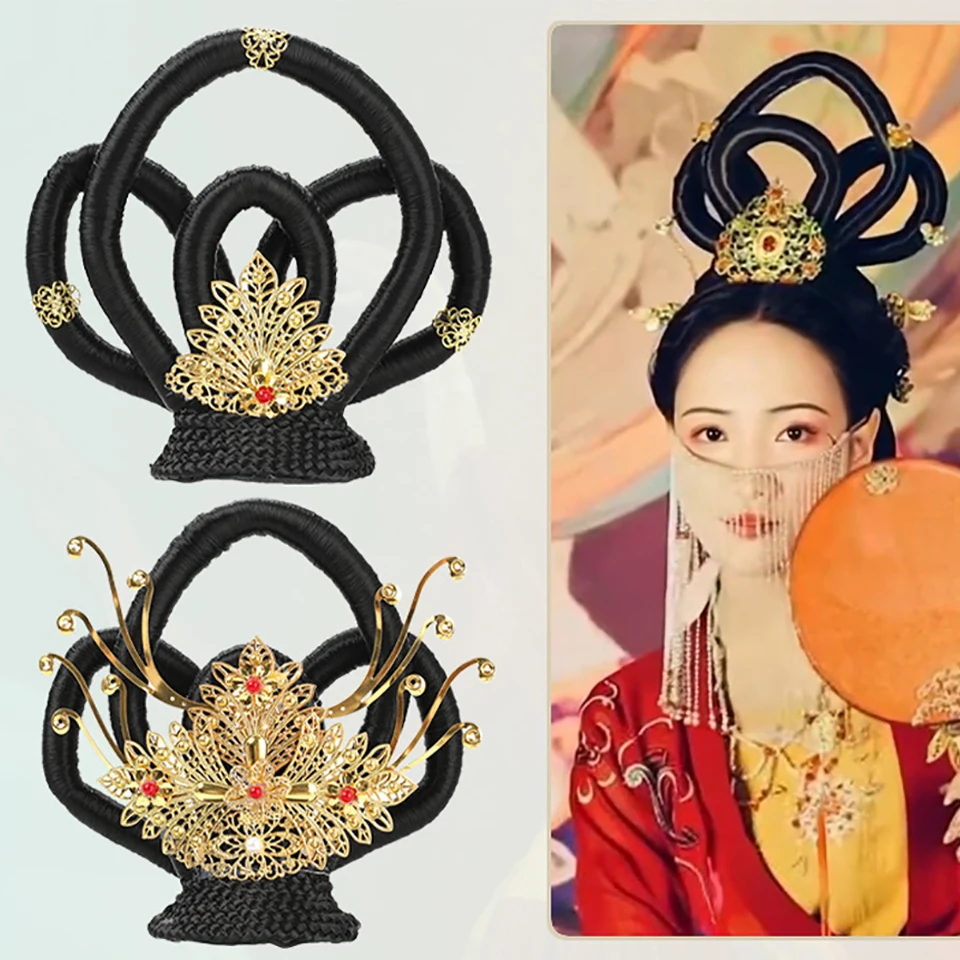 Hanfu 가발 헤어 클립 중국 고대 요정 가발과 헤어 번들 일체형 시뇽들 둔황 댄스 공연 헤어 액세서리