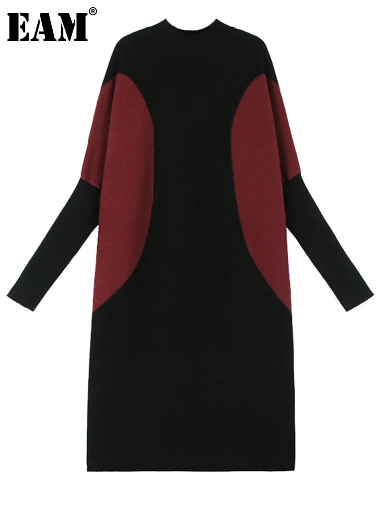 

[EAM] Women Red Color-block Big Size Long Knitting Dress New Round Neck Long Sleeve Fashion Tide Spring Autumn 2024 1DH3355