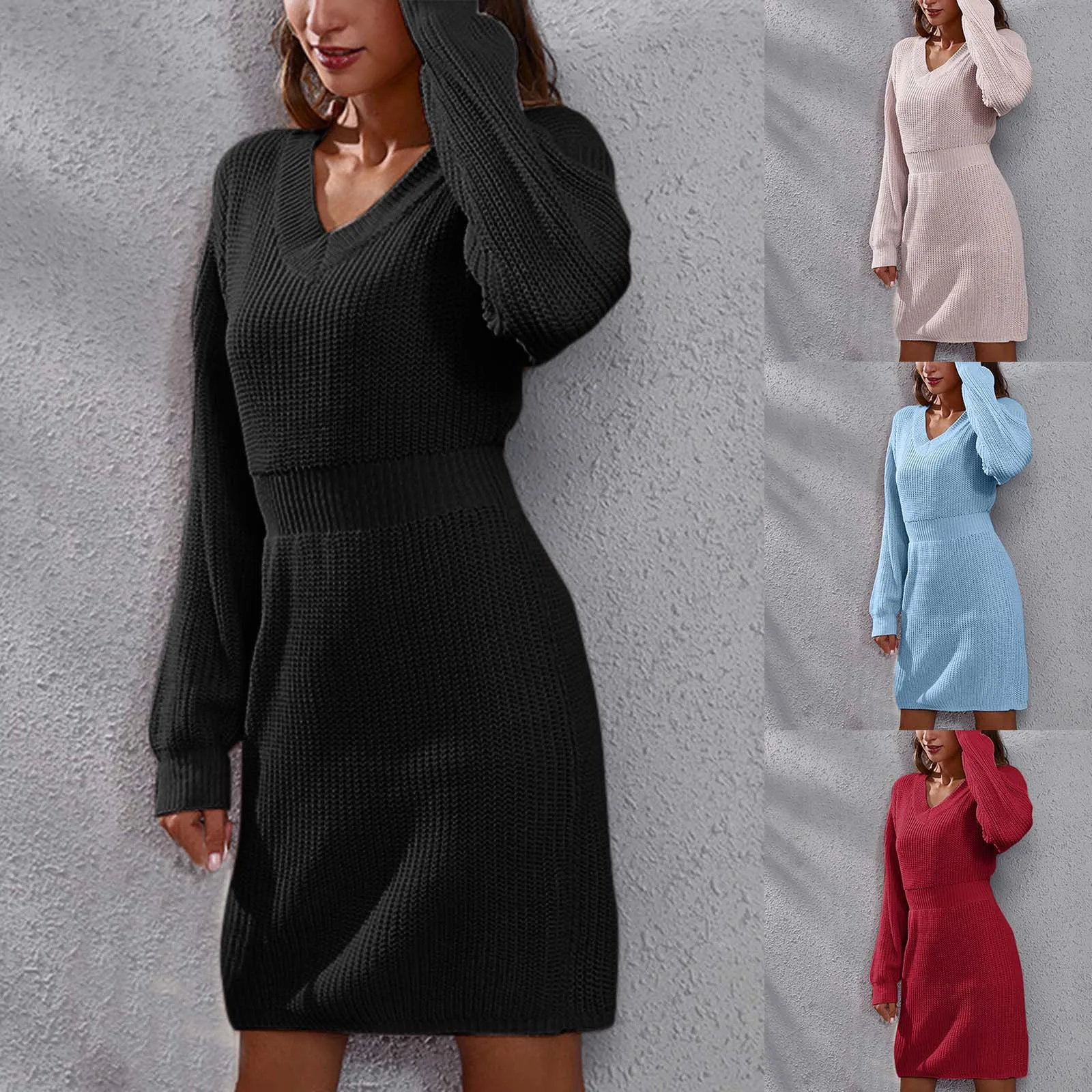 

Women V Neck Shoulder Drop Long Sleeve Waistband Woolen Dress Women's Knitted Dress Deep Dress Long Sweater Dress with Slit