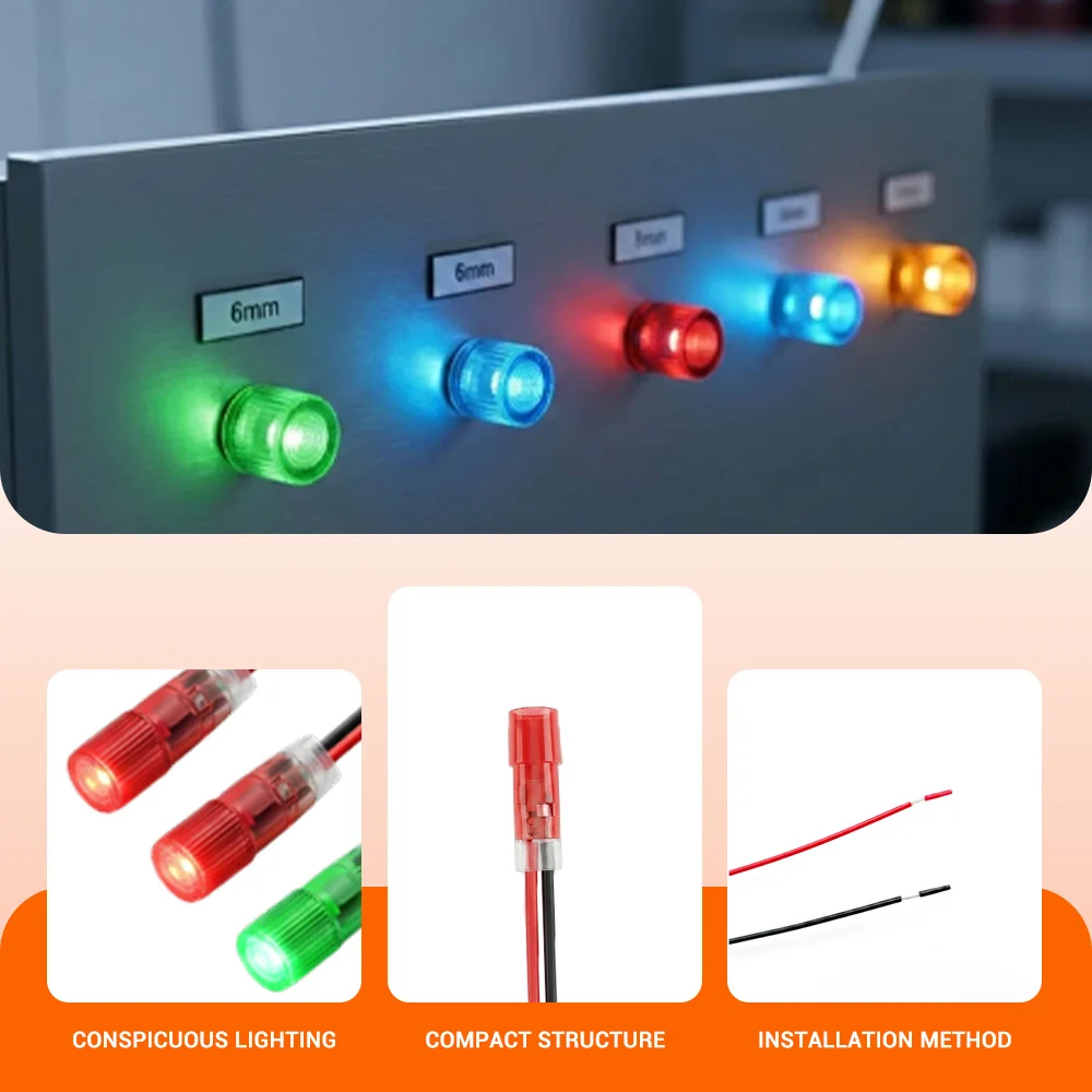 FILN 10PCS 6mm LED 표시등 12V-24V 와이어 리드 마운트 경고 램프 자동차 해양 산업용 소형 장비 제어 박스