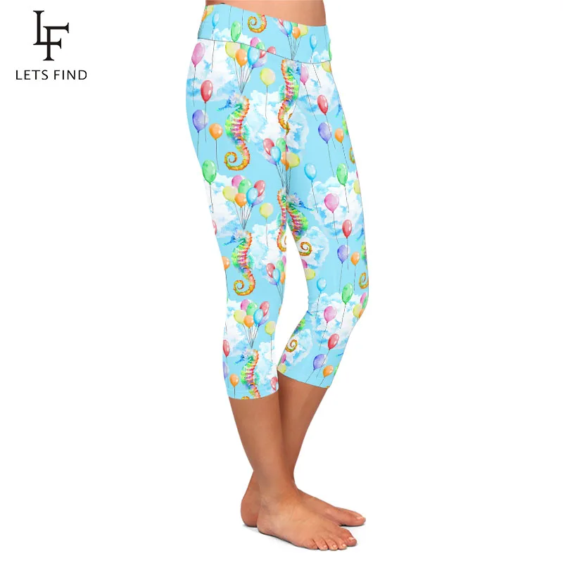 LETSFIND Fashion Colorful Seahorse and Balloons Print Women Capri Leggings High Waist Soft Slim Elastic Leggings